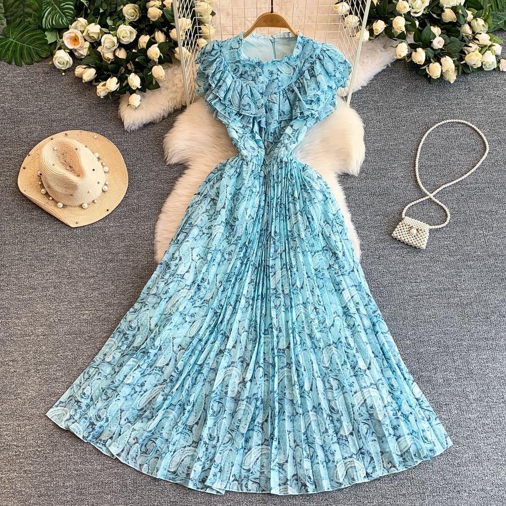 French light luxury celebrity temperament printed lotus leaf edge short-sleeved dress for women's summer waist and thin pleated medium and long dress