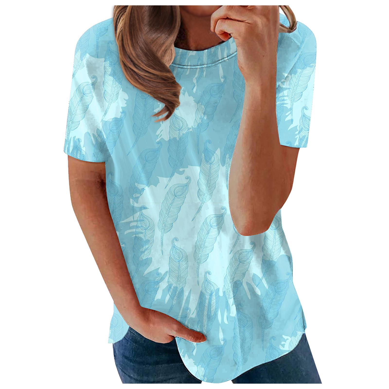 Women s Fashion Casual Loose Round Neck Feather Print Short Sleeve T-Shirt Top XXL