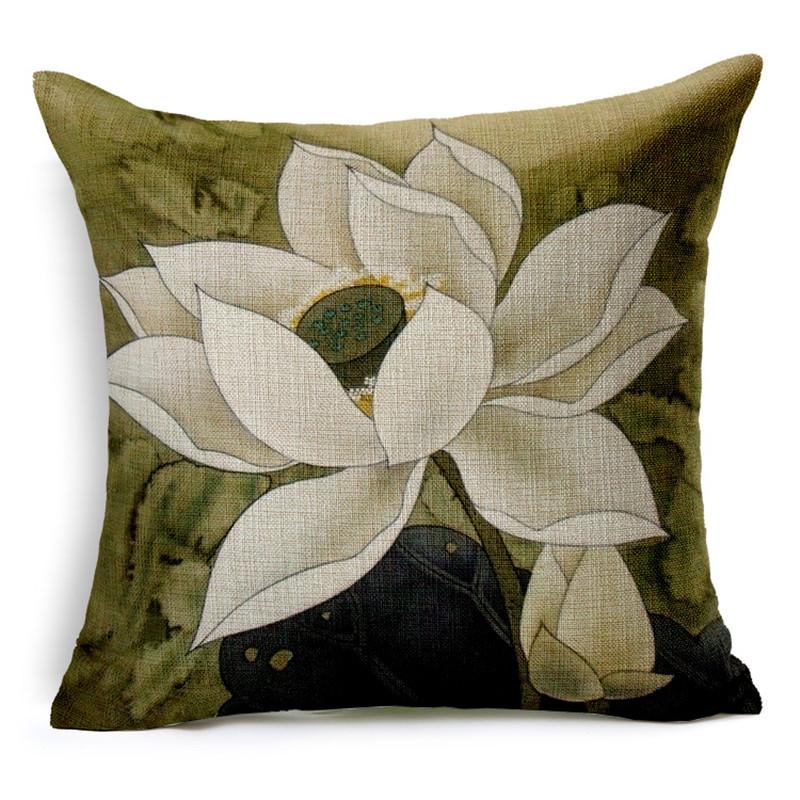 Vintage Style Decorative Throw Pillows Lotus Flower Linen Seat Retro Cushion Cover For Sofa Home Decor Funda Cojines 45Cm