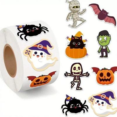 500Pcs/Roll Halloween Sticker Rolls, Halloween Pumpkin Ghost Stickers, Spider Bat Cat Stickers For Party Decoration