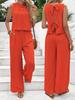 Damen Sommer Muskel Einfach Alltag Old Money Stil Leinen Krawatte Zweiteiliges Set, Ärmelloses Oberteil mit Muschelbesatz und Hose Set