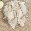 High heels women's summer 2025 new high-end pointed head bow wedding shoes rhinestone beaded shallow mouth single shoes women