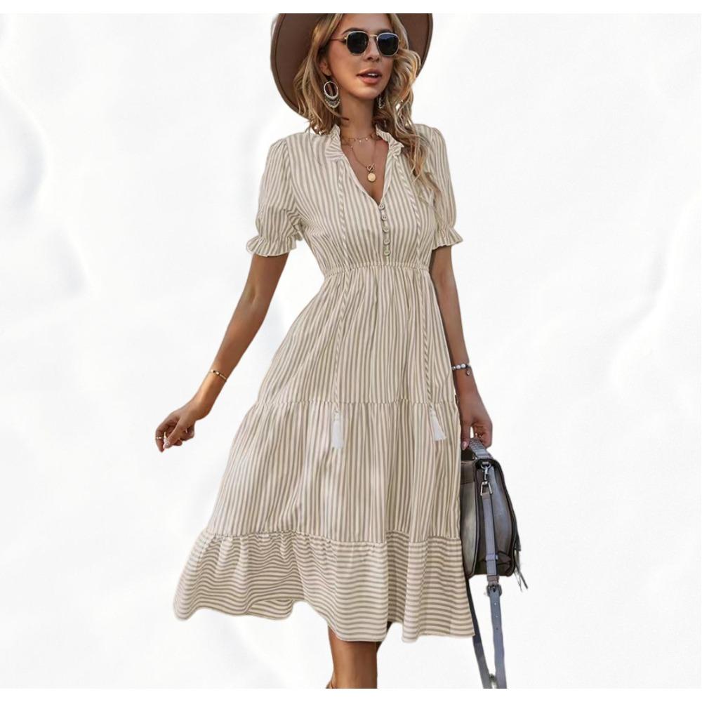 Women's striped dress, V-neck elastic waist, short-sleeved, wide-swing dress