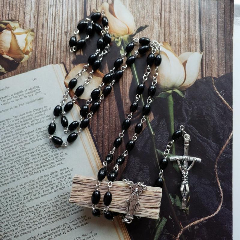 Crystal Glass Rosary Beads Necklace Rosaries Catholic Gift with Medals 6x8mm Black Prayer Bead Catolic Jewelry Present