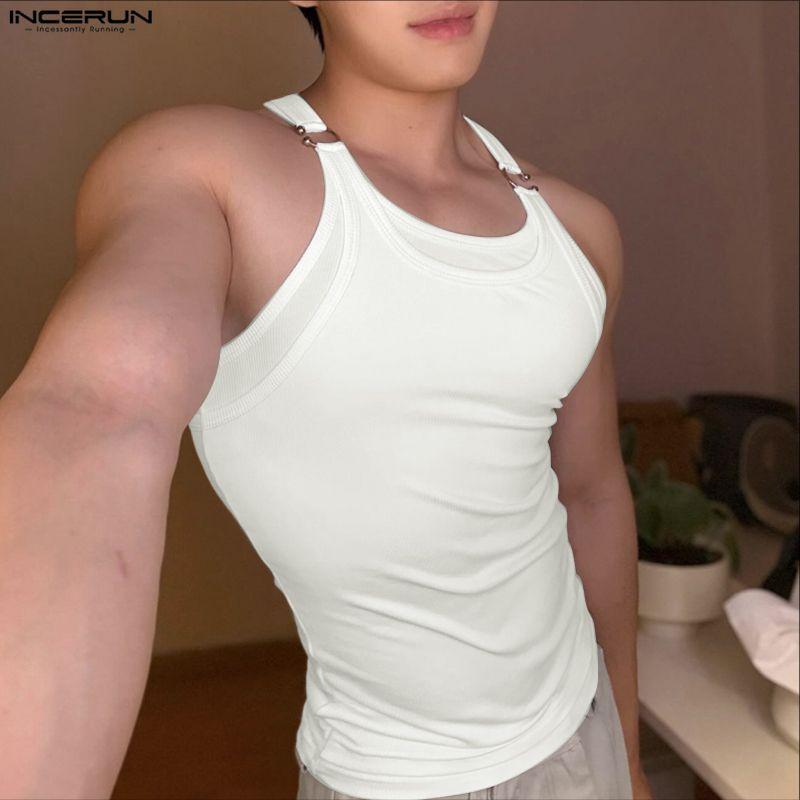 INCERUN Men Strap Sleeveless Ribbed Casual Fitted Tank Tops Sport Gym Undershirts