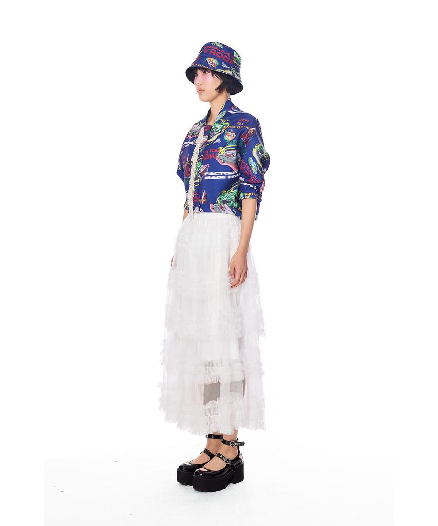 Greedius Sheer Ruffle Lace Maxi Skirt