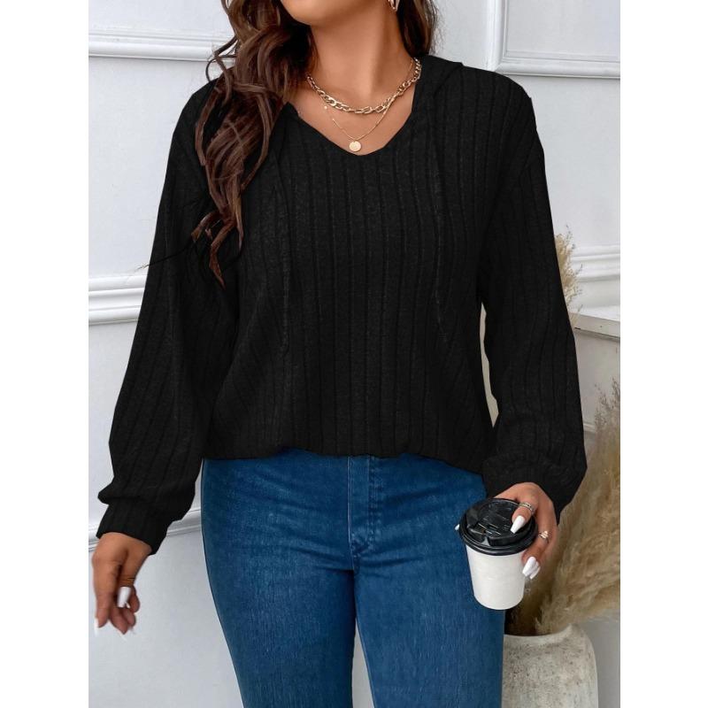 Solid Color Loose Plus Size Hooded V Neck Long Sleeve Ribbed Brushed T Shirt Top