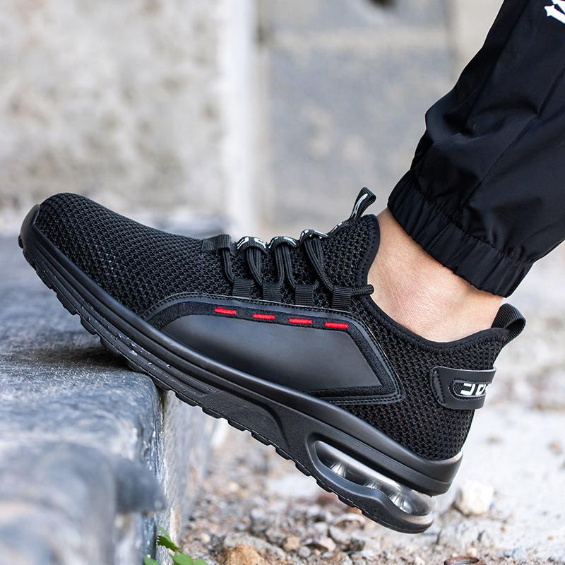 Fashion Black Summer Mesh Safety Shoes Air Cushion Breathable Lightweight Steel Toe Work Shoes Protection Work Safety Sneakers For Men