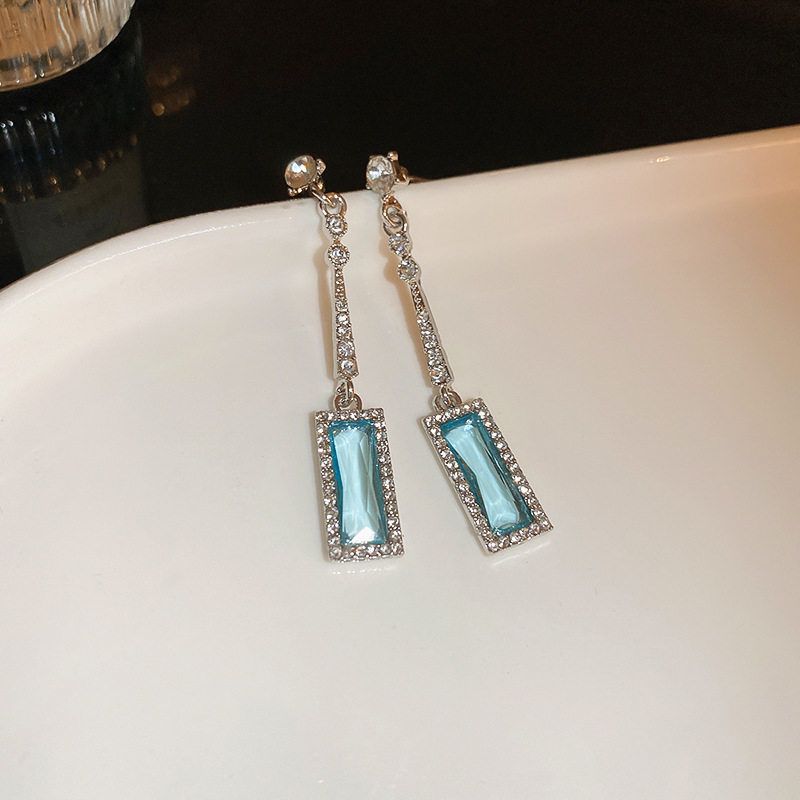 Cold Style Zircon Geometric Square Super Shiny Tassel Silver Needle Silver Needle-Blue