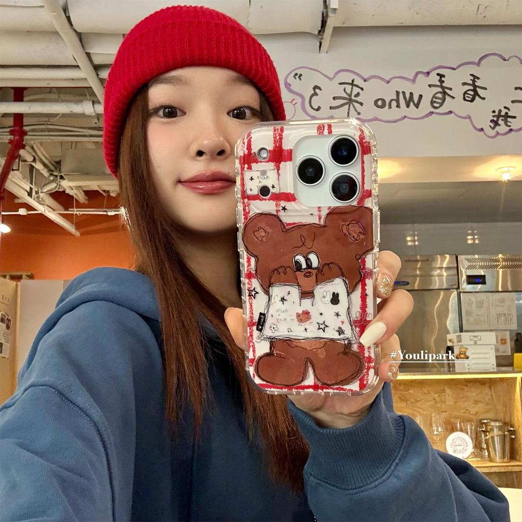 ins Korean autumn and winter 11pro iPhone case cute red plaid graffiti bear 11 cartoon case 11ProMax