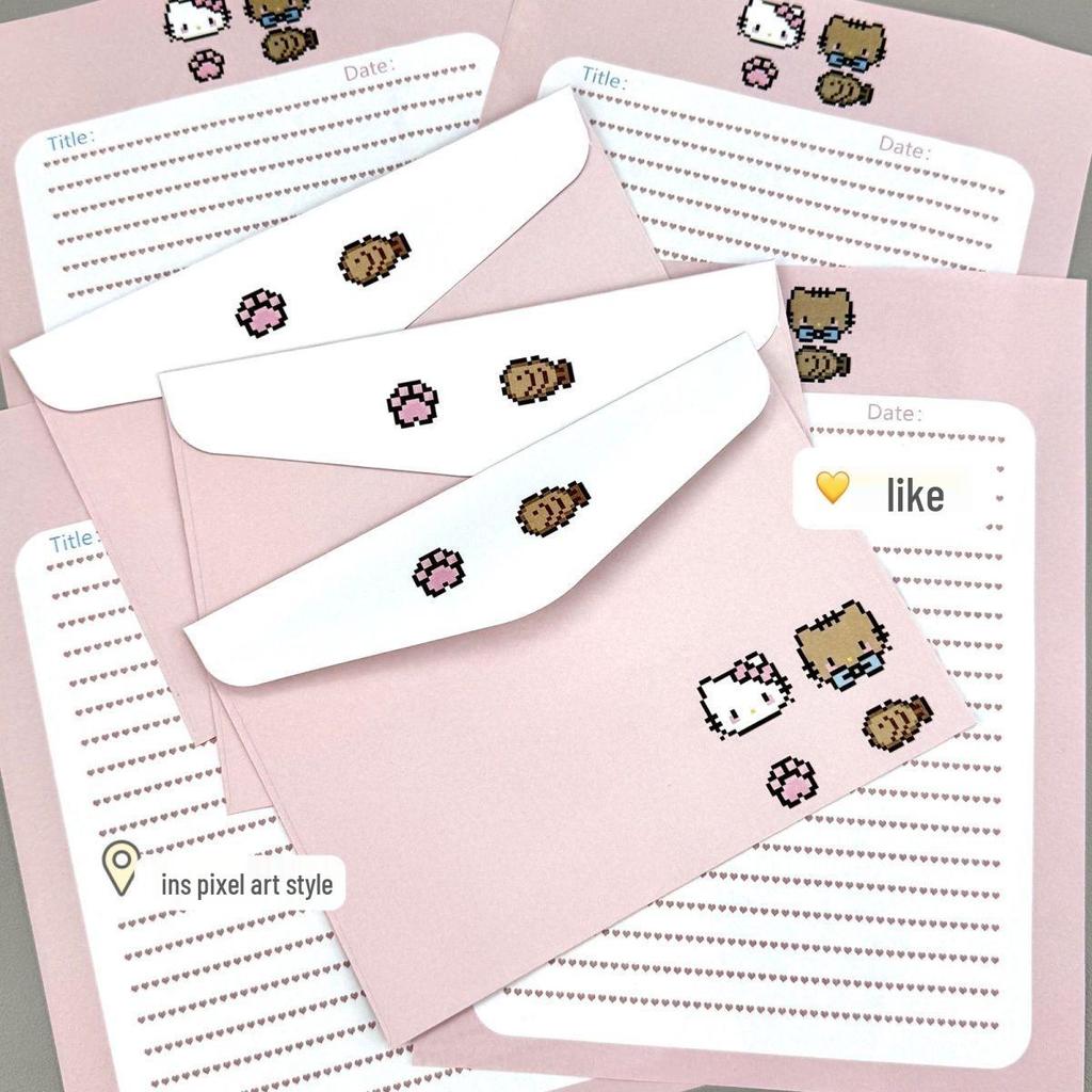 Two Cats Apple Envelope Set: Cute Cartoon Letter Paper for Handwritten Birthday Wishes