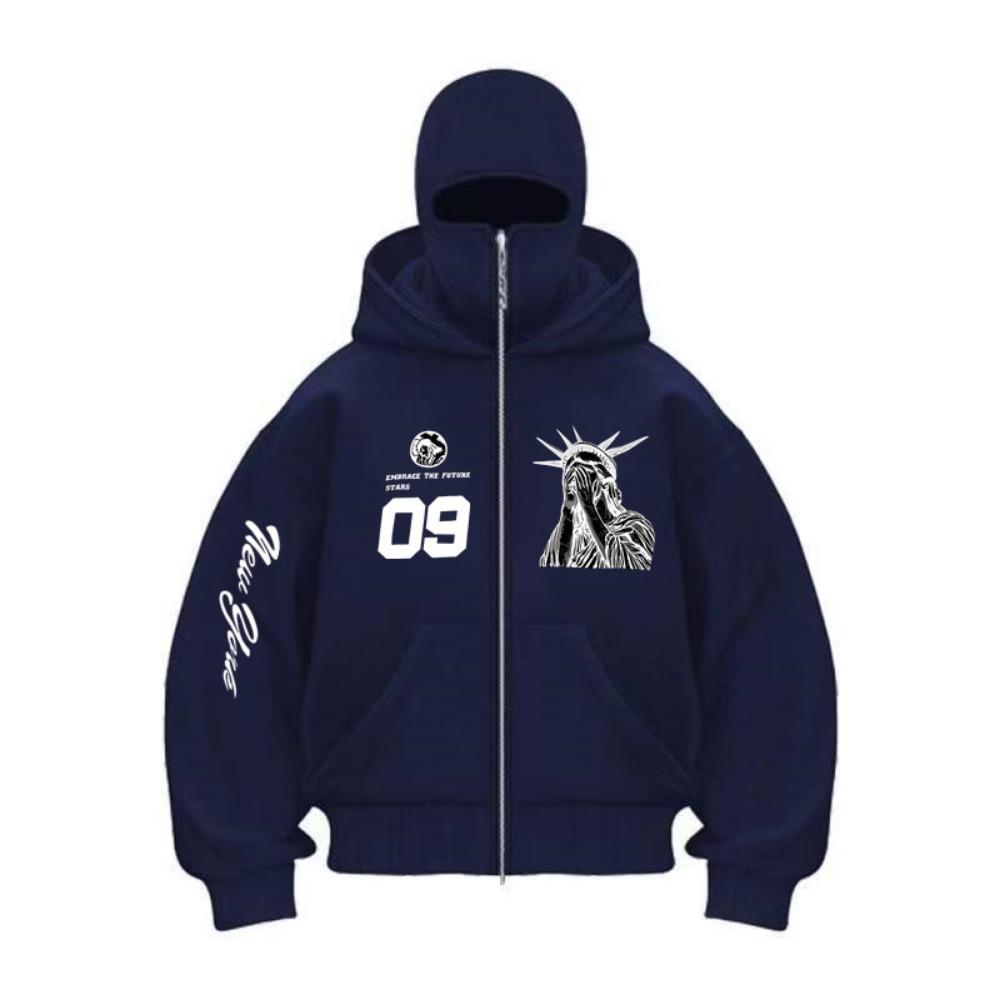 Autumn and Winter Fashion Harajuku Y2K Printed Pattern Street Zipper Double Hat Hoodie Suitable for Men and Women Hip Hop