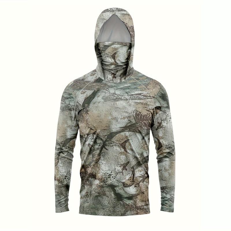 Mens Long Sleeve UV Protection Fishing Shirt With Hood Face Cover Quick Dry Breathable Outdoor Wear