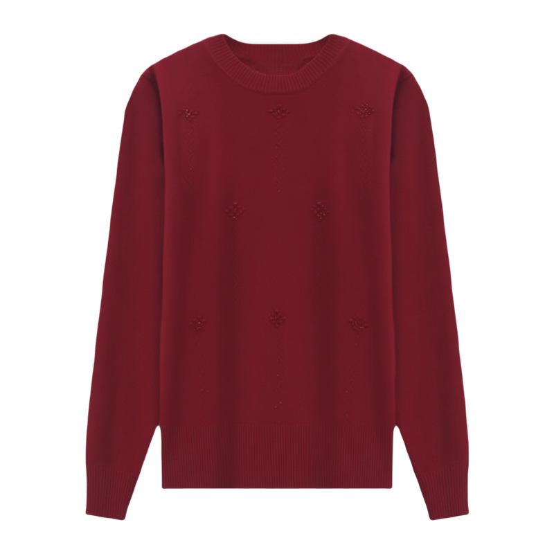 Midlife & Senior Fall Style Round Neck Long Sleeve Loose Fit Versatile Knit Sweater Top