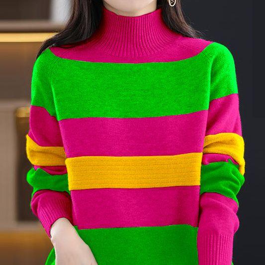 

Осень-зима женские новые модные прямые широкие полосатые длинные рукава топы повседневные полувысокие воротнички теплые свитера для женщин 3XL розы красного