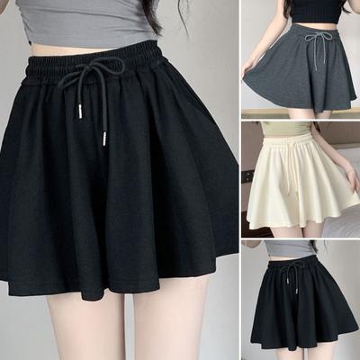 Women Summer Shorts Elastic High Waist Adjustable Drawstring Casual Shorts with Pockets Solid Color Wide Leg Shorts