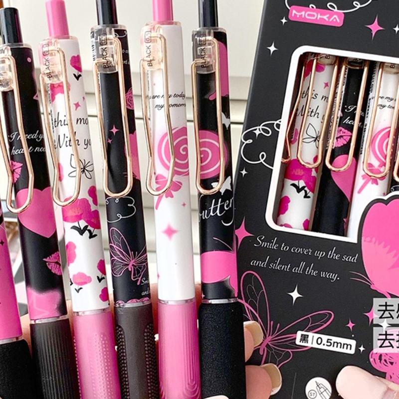 6Pcs Butterfly Gel Pen 0.5MM Tip Quick Dry Ergonomic Grip Retractable Gel Pen Office Supplies for Writing Journaling