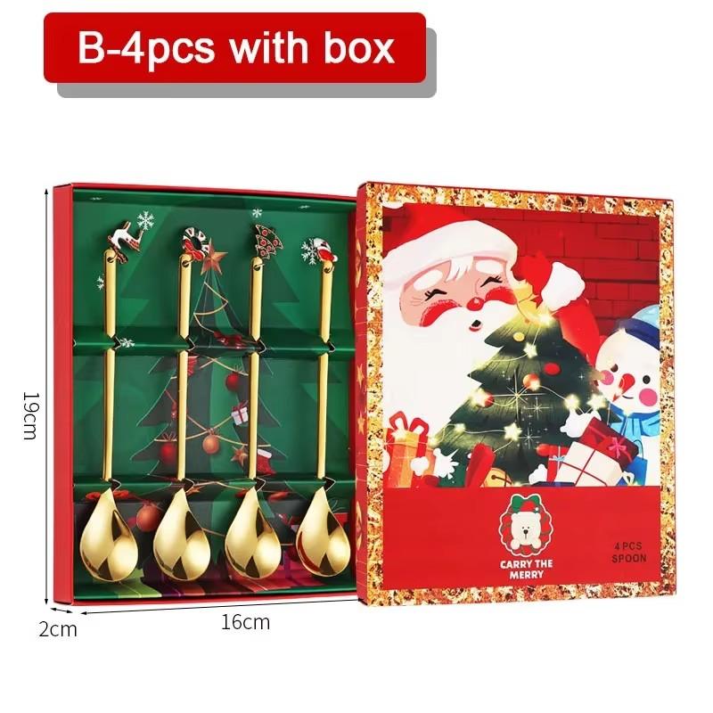 4PCS Christmas Stainless Steel Spoon Christmas Coffee Spoons Set Gold Home Restaurant Dessert Cutlery Set