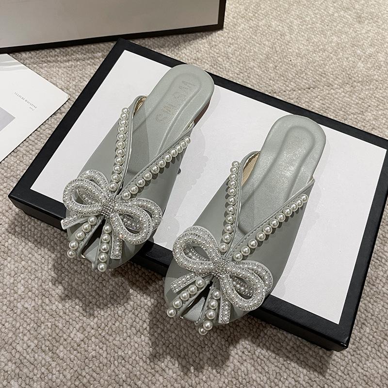 

Баотоу полутапочки женские летние для улицы 2025 новые универсальные на плоской подошве для беременных французский жемчужный бант босоножки с рыбьим носком 40