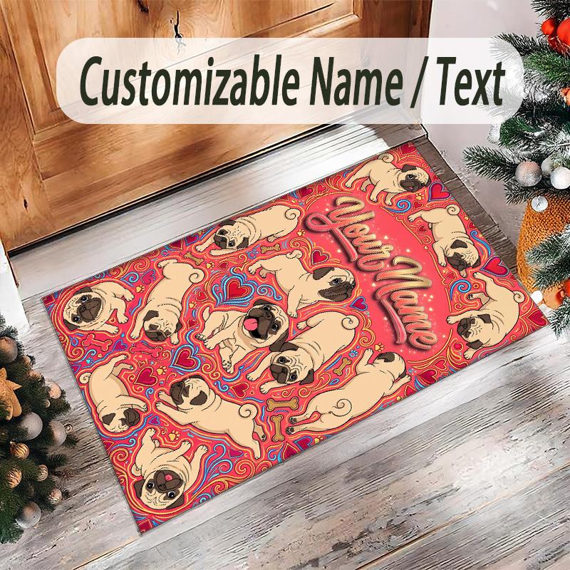 Pug Theme Crystal Velvet Floor Rug Personalized Custom Name Text Warm Carpet Home Decoration