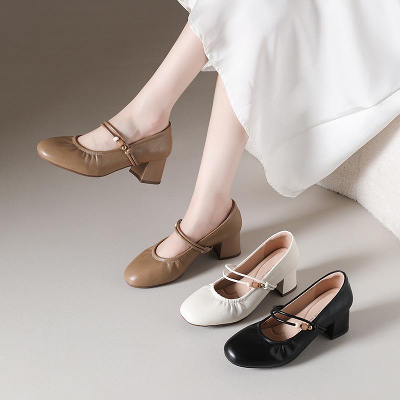 Mary Jane women's shoes 2025 spring and autumn new thick heel shallow mouth single shoes women's medium heel soft leather French temperament small le