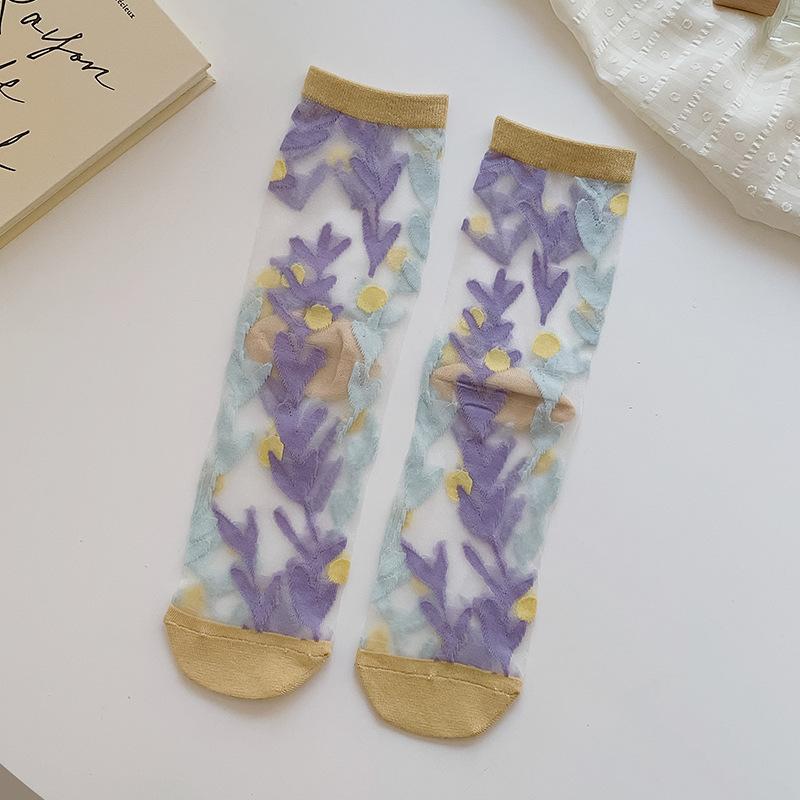 Spring/Summer Ultra Thin Vintage Crystal Silk Stockings for Women Socks for Women Mid-tube Stockings Breathable Cotton Sole Glass Silk Stockings