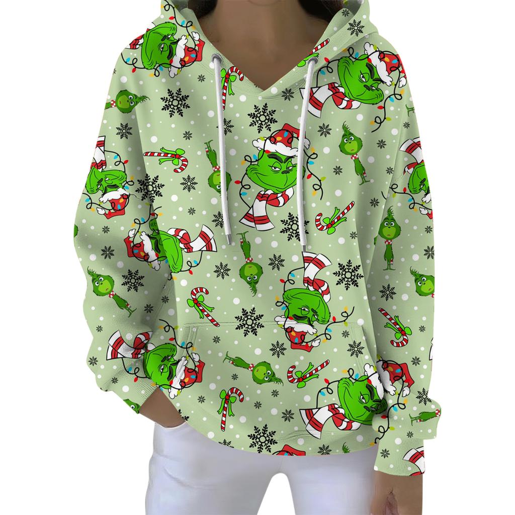 Ladies' Loose And Comfortable Drawstring V-neck Long Sleeved Christmas Printed Sweatshirt