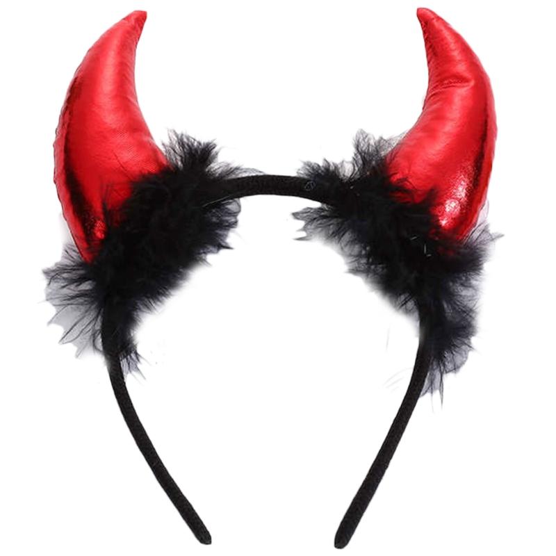 Halloween Feather Decor Ox Horn Shape Glitter Headband Movie Demon Evil Devil Horn Hair Hoop Gothic Cosplay Party Costume