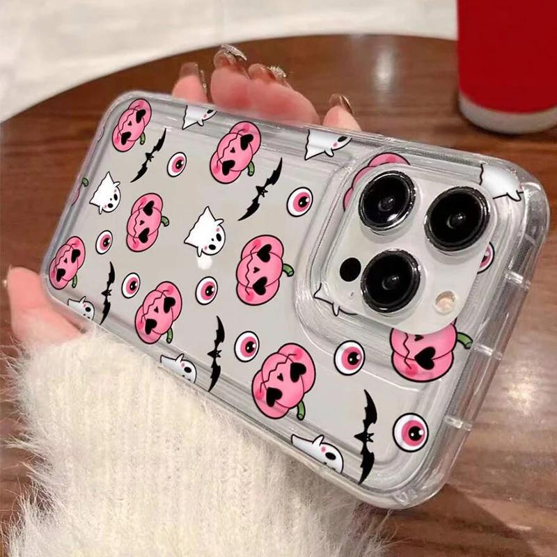 Halloween Pumpkin Ghost Transparent Phone Case For iPhone 11 12 13 14 15 16 Pro Max XS X XR 7 8 Plus SE 3  Soft Airbag Cover