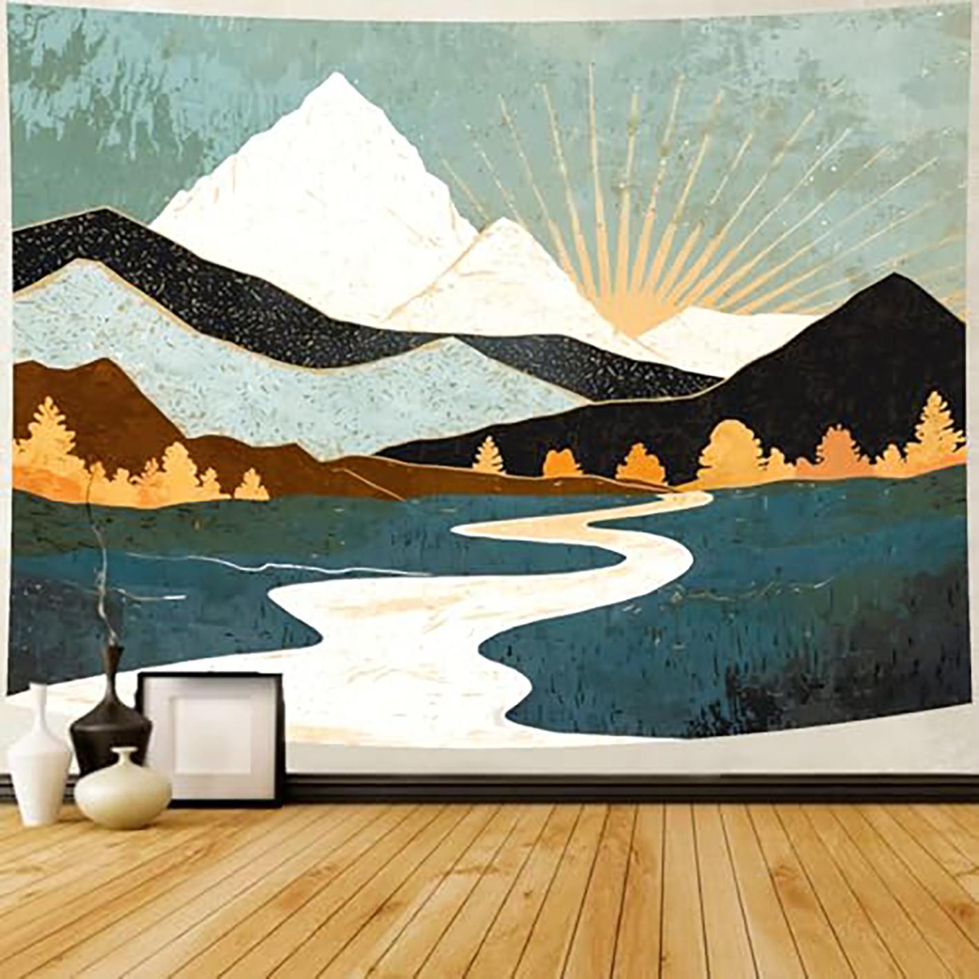 Boho Mountain Tapestry - Sunset Forest Landscape, Psychedelic Wall Hanging for Bedroom & Living Room 100X70CM
