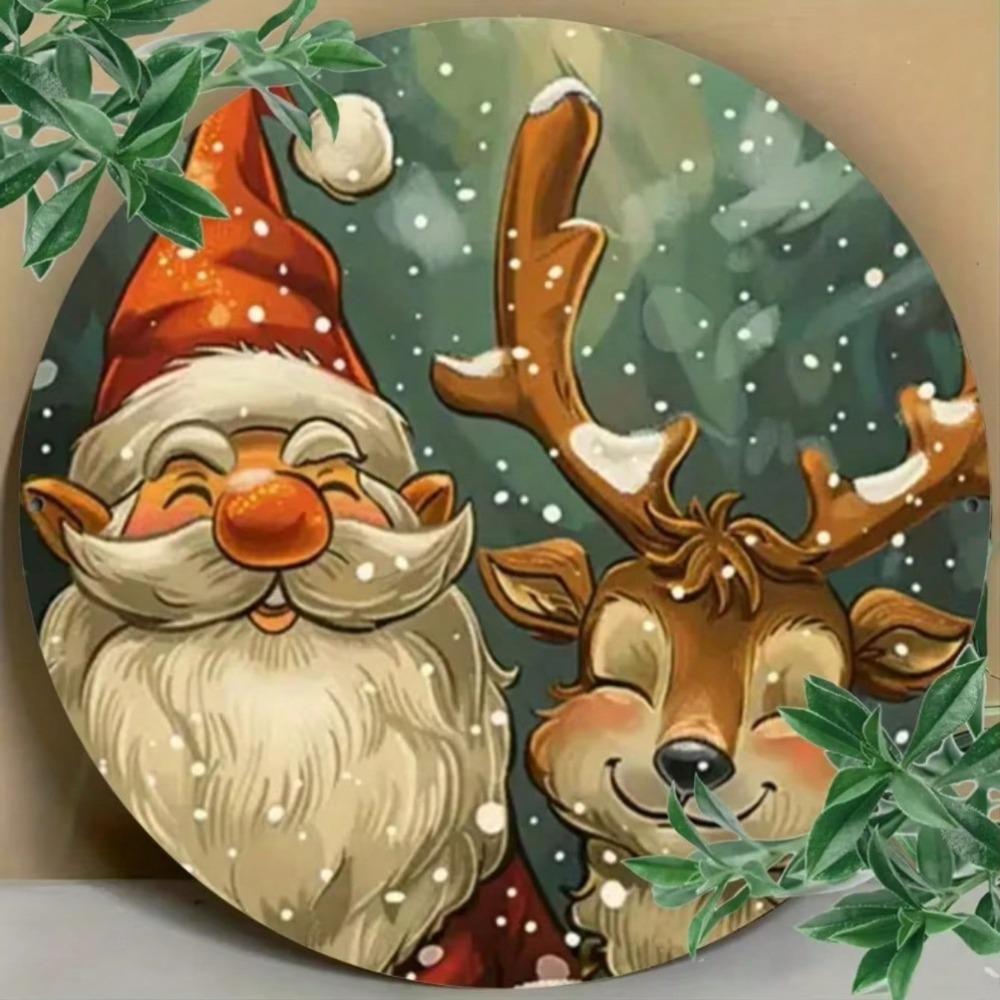 Vintage Santa Reindeer Round Iron Wall Art Metal Tin Sign for Bar Cafe Pub