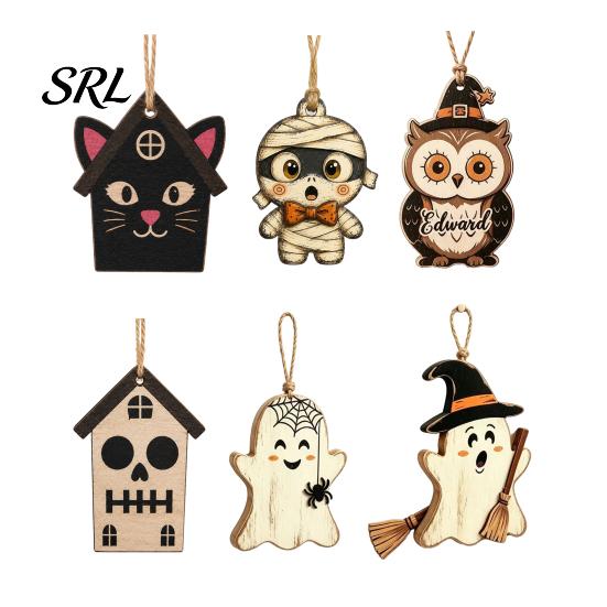 Natuurlijk Massief Hout Hangend Decor Vintage Halloween Houten Ornamenten, Rustieke Spookachtige Geest Pompoen Uil Schedel Ornamenten Decoratie voor Open Haard