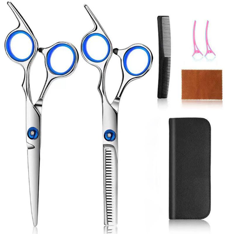 Professionelles Edelstahl Friseurscheren Set Flachzahn Ausdünnen Schneiden Gebogene Schere Haarschneideschere