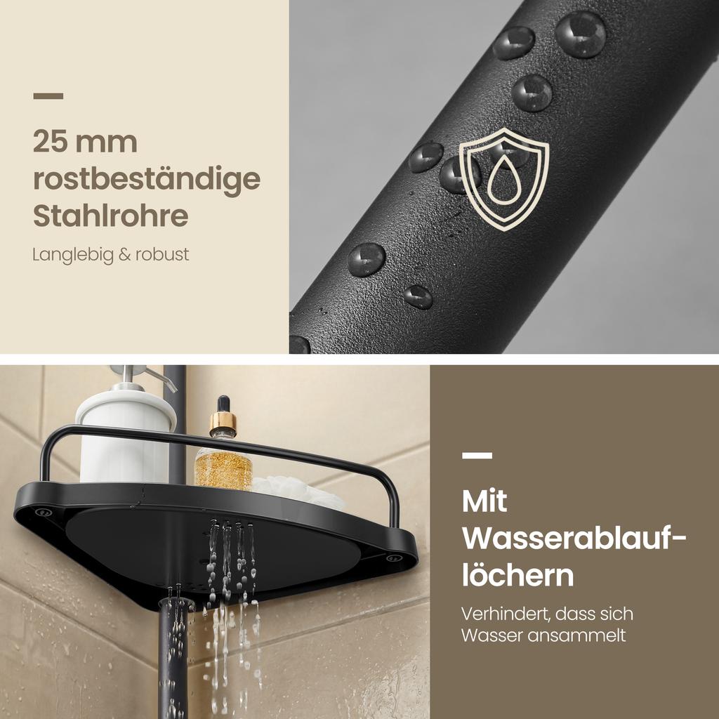 SONGMICS 4-Tier Shower Caddy, Corner Bathroom Shower Shelf, with Towel Bar, Adjustable Height, Rust-Resistant Steel, Black