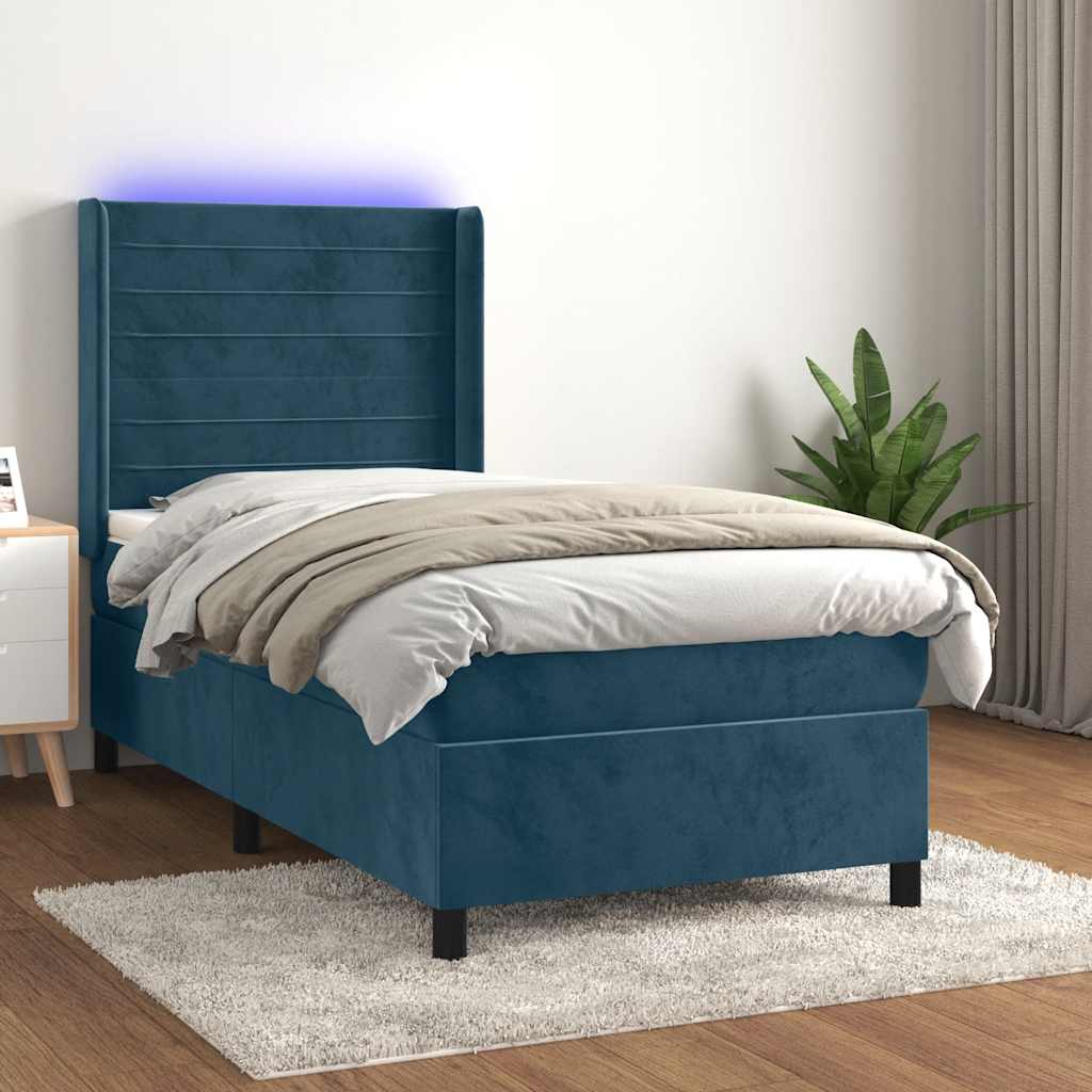 Box Spring Bed with Mattress & LED Dark Blue 90x200 cm Velvet