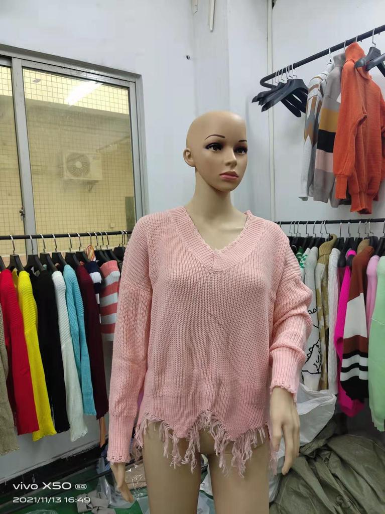 2022 Off-Shoulder Loose Knit Sweater with Deep V-Neck and Tassel Details
