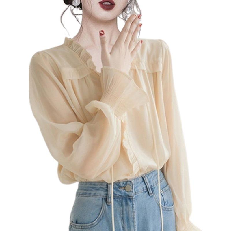 French Romance Locker geschnittenes Langarm-Chiffonhemd mit gerüschtem Saum, Frühling, neuer Stil, elegante Bluse für Damen