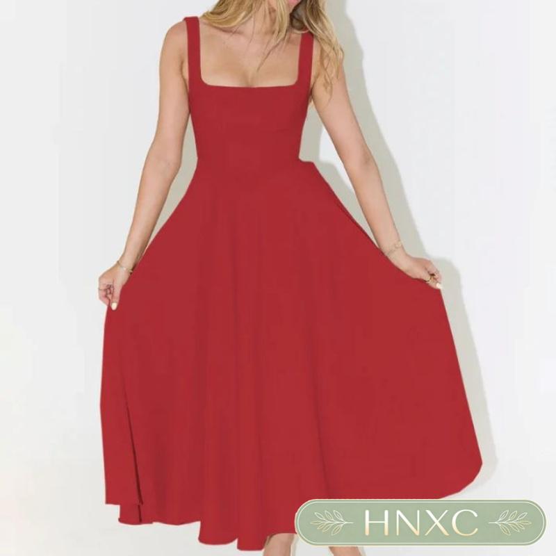 HNXC Women's Fashion Summer Spring Solid Color Print Sleeveless Square Collar Casual Dresses Classic Exquisite