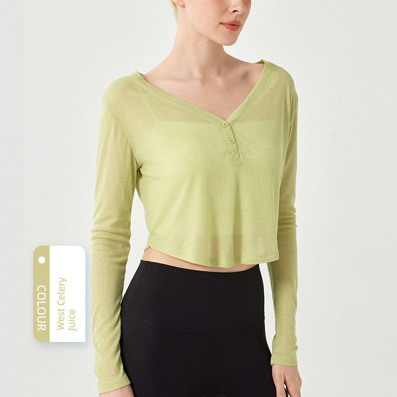 

2025 New V Neck Sports Blouse Long Sleeves Loose T-Shirt Women s Casual Soft Vertical Smooth Lightweight Workout Top Yoga Elastic Celery juice XP L