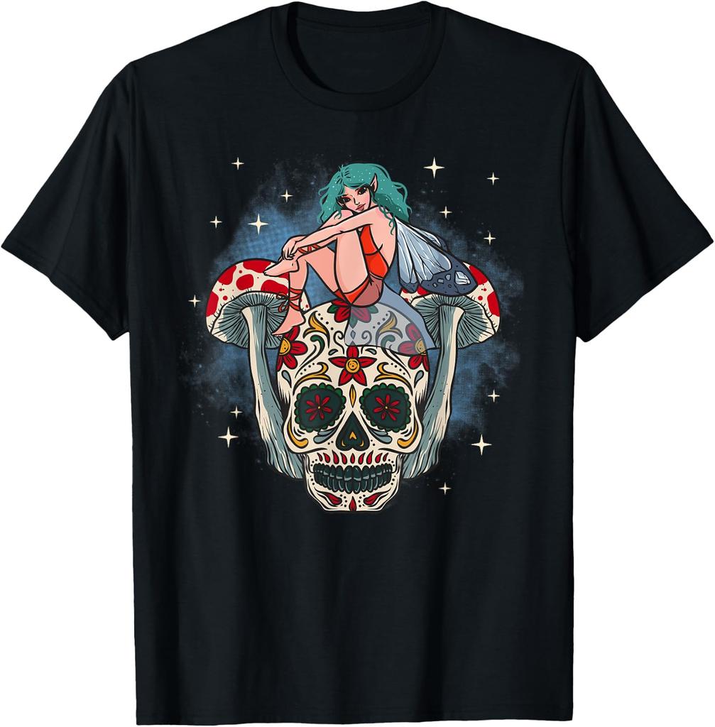 Artsy Sugar Skull Fairy Mushroom Men Women Day Of The Dead T-Shirt