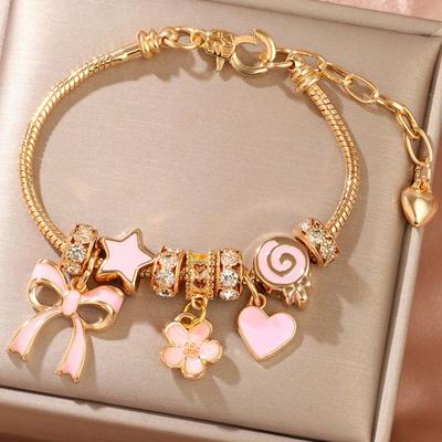 Ladies Luxury Joaquin Alloy Bracelet, Design Sense Pink Bracelet Jewelry, Flowers, Bows, Love, Spring and Summer Gifts