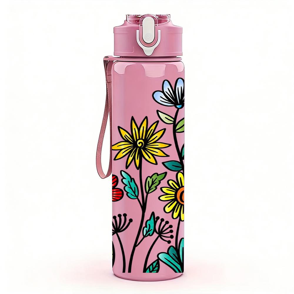 1PC Multi Wildflower Daisy Bouquet 750ml Color Plastic Sports Water Bottle Leakproof Flip Straw Lid Suitable for Sports Office Home Use