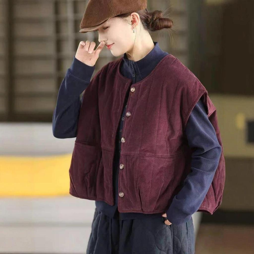 2025 Autumn/Winter Quilted Cotton Round Neck Vest - Artistic Retro Outerwear