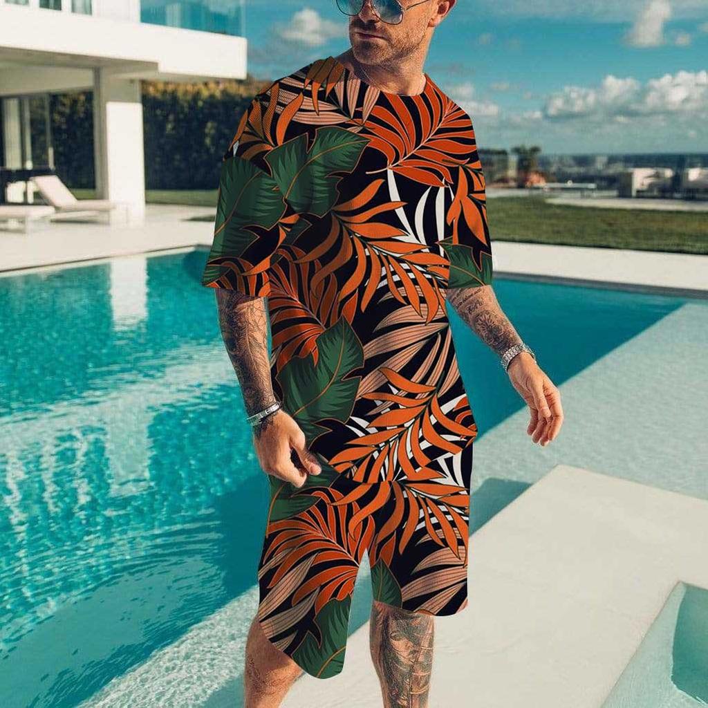 Men's Beach Set T-shirt Vacation Casual Beach Pants Suit Fashion Full Print Set Top Tees Short Two Sets