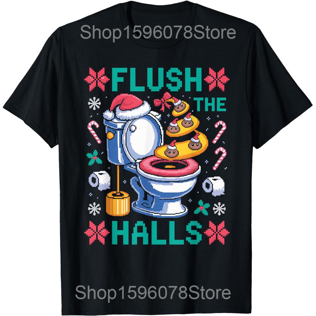 Flush The Halls Ugly Christmas Poop Joke T Shirts Men Women Cotton Humor Streetwear Tee Shirt Short Sleeve Unisex Loose Clothing