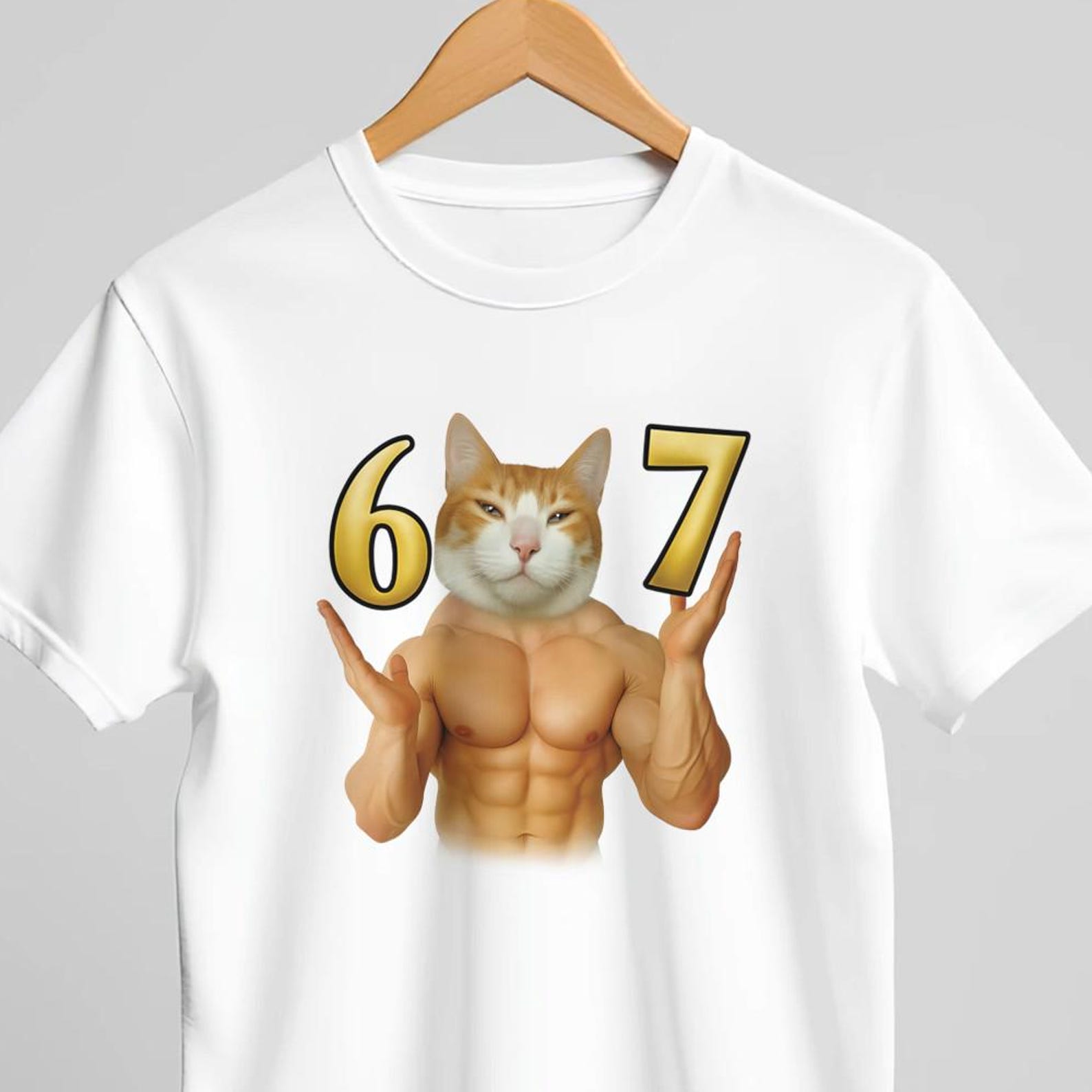 Funny Cat Meme Shirt, Muscle Cat Flexing 6 7 Tee, Quirky Workout Graphic T-Shirt, Gym Humor Gift for Cat Lovers S