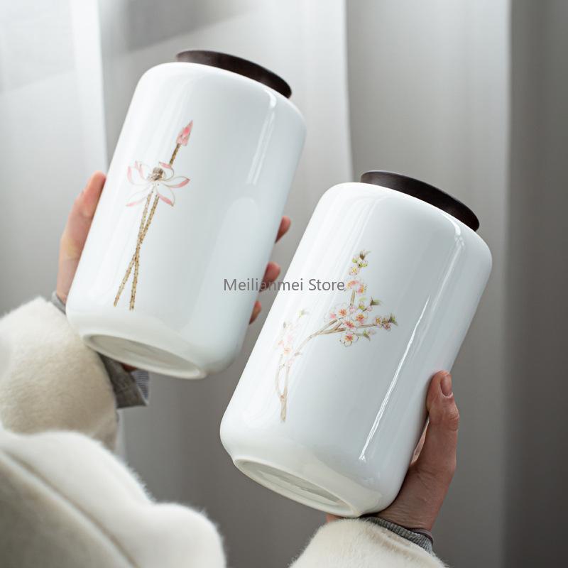 1200ML Ceramic Tea Jar with Wooden Cover Tea Storage Box Tea Bag Storage Container Sealed Storage Tank Ceramic Bottle Gift
