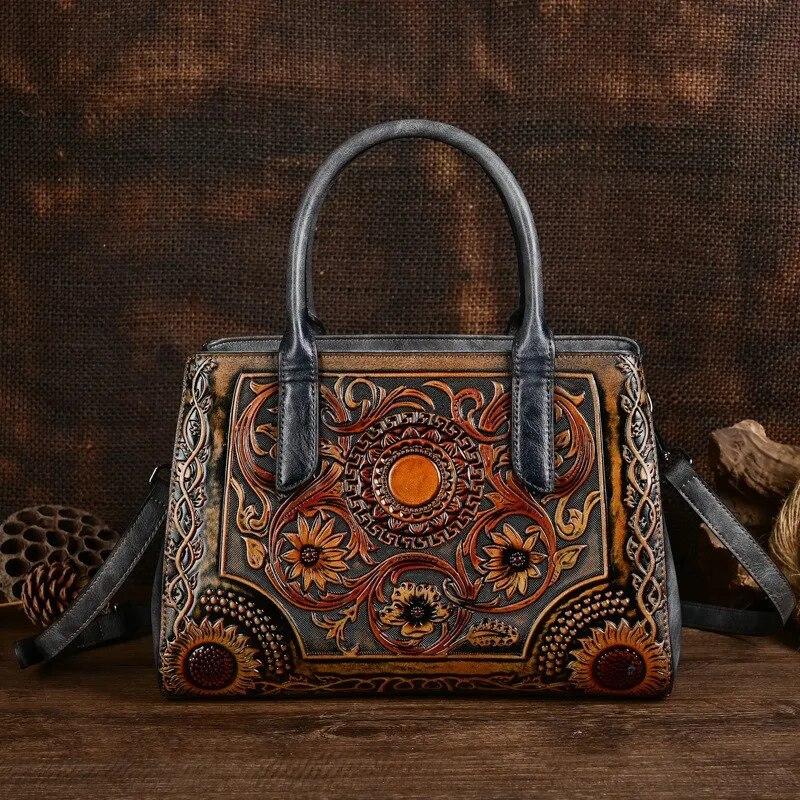 Johnature Borsa in pelle da donna in rilievo retrò squisita Borse a tracolla versatili di grande capacità