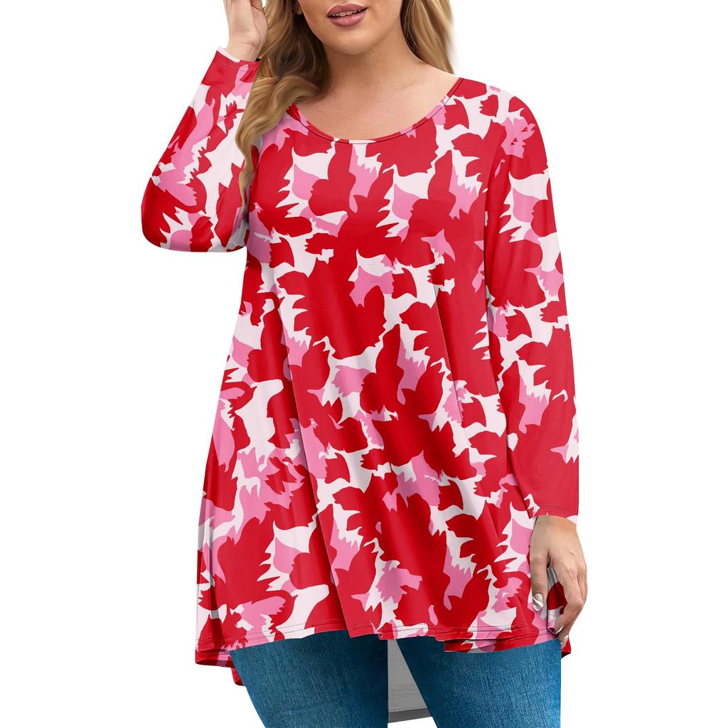 Damen Übergröße Oberteil, Gartenkragen Langarmhemd, Modisches Blumenmuster Freizeit-Top