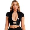 Dámský Crop Top PU s mokrým vzhledem, otevřený vpředu, nastavitelnými přezkami, s krátkým rukávem, korzet